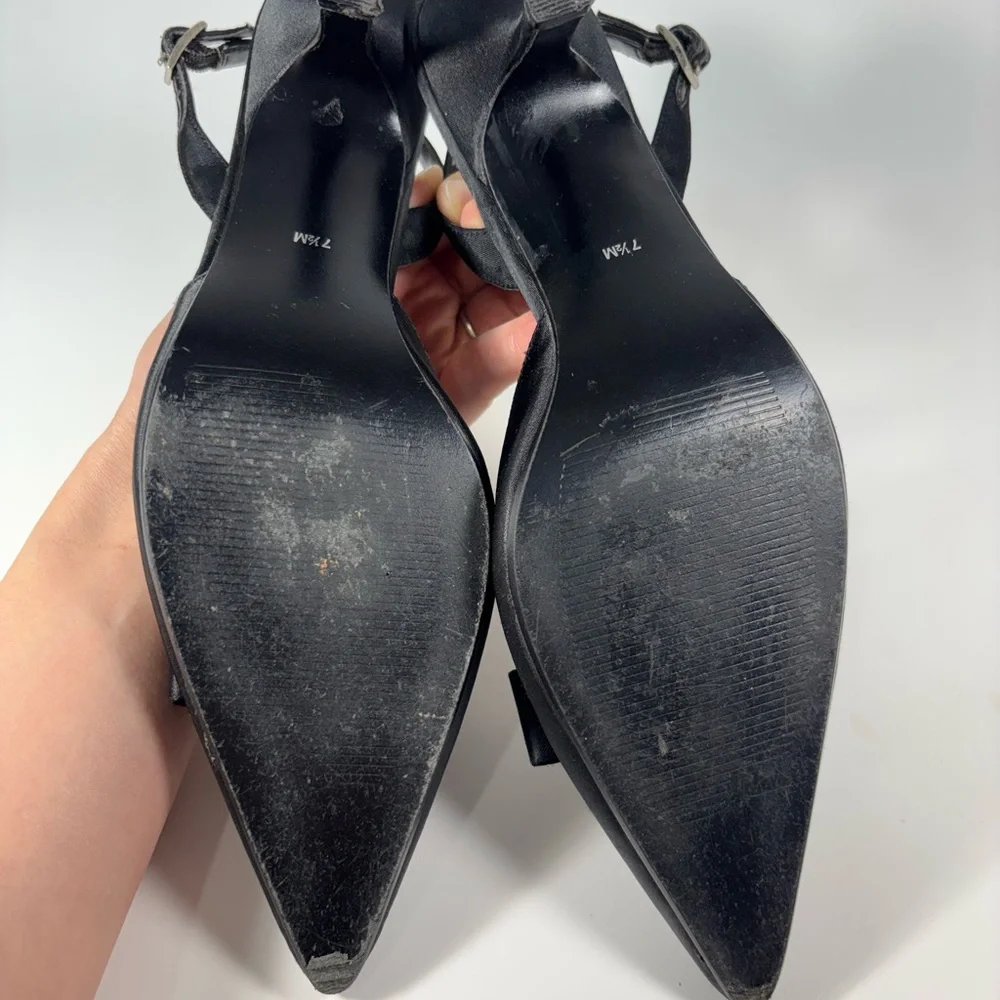 Karen Scott Pointed Toe Black Satin Sling back Kitten Heels‎ Bow Rhinestones 7.5
